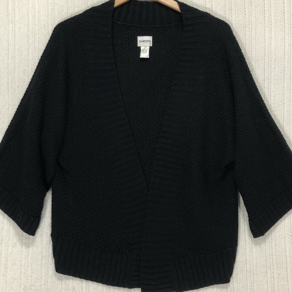Chicos Black Knit Open Front 3/4 Sleeve Cardigan Sweater Chicos Size 2 US Size L